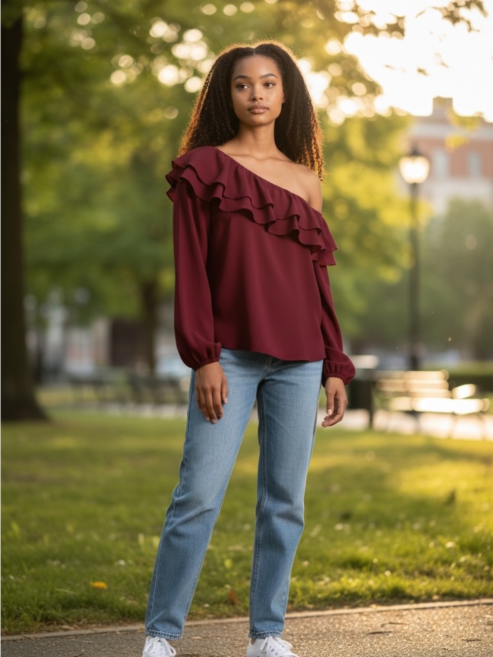 Women’s Ruffled One-Shoulder Blouse - Wine